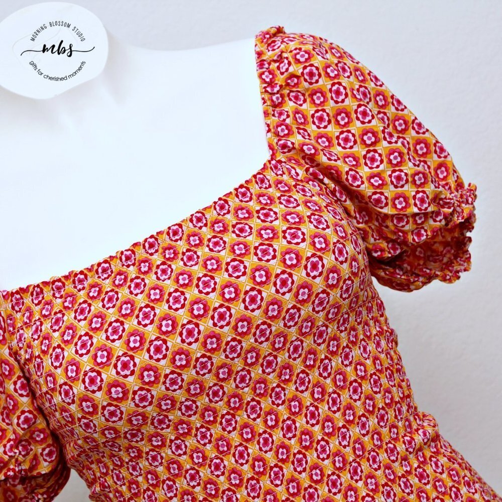 L*SPACE Simone Floral Square‎ Neck Short Sleeve Smocked High Low Maxi Dress - Picture 14 of 16